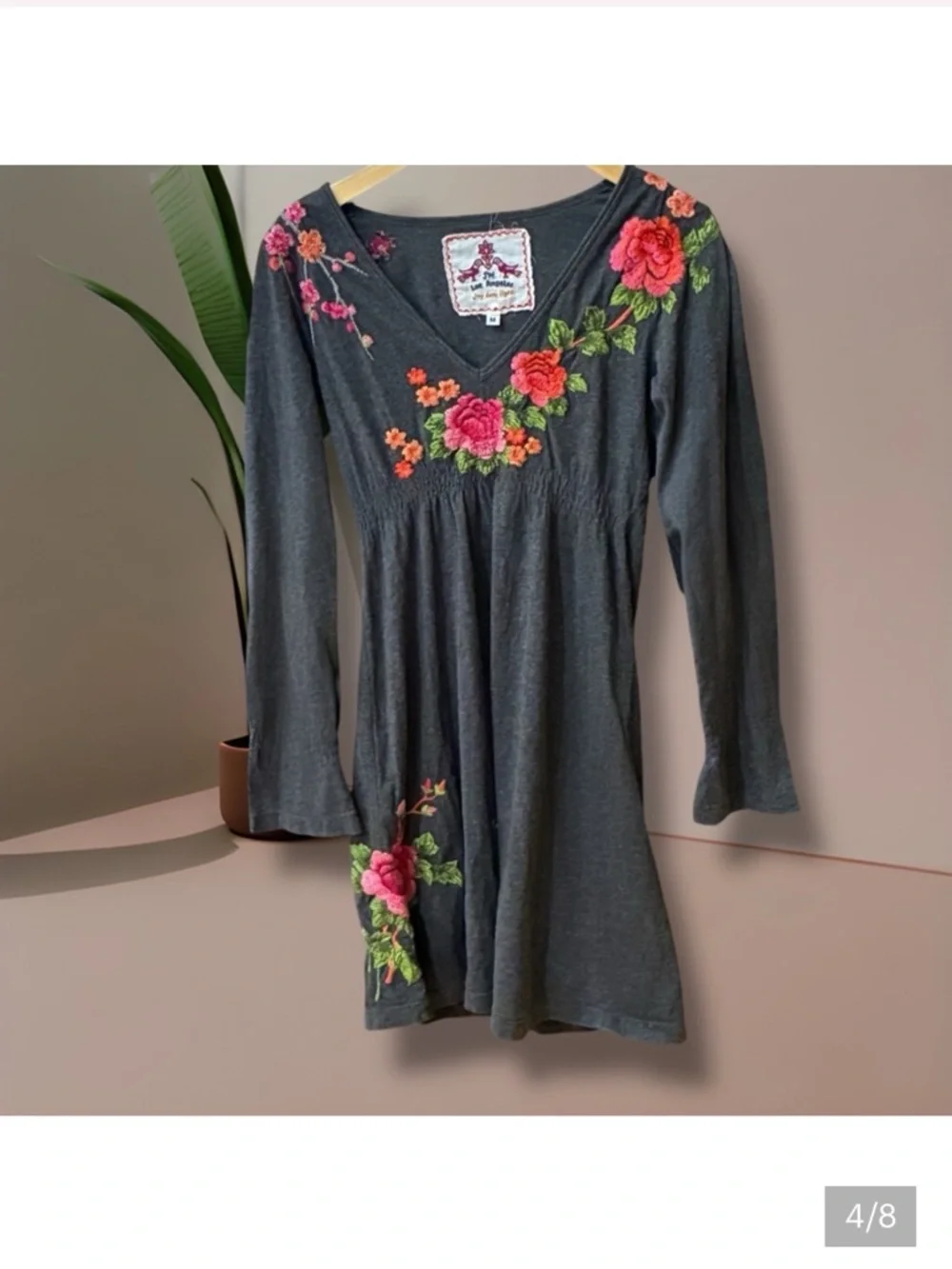 Johnny Was V-Neck Charcoal Grey Dress with Red and Pink Floral Embroidery - Picture 5 of 8